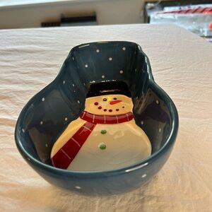 Ceramic Snowman Serving Bowl - Blue & White with Red Scarf